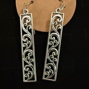 Silver Tone Filigree Bar Dangle Earrings | Elegant Scroll Drop | Boutique Style